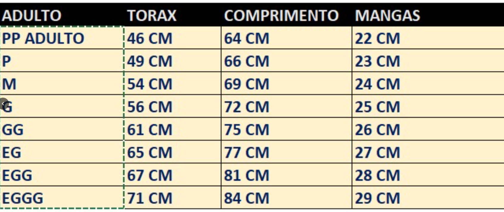 Tabela de medidas das camisetas adultas